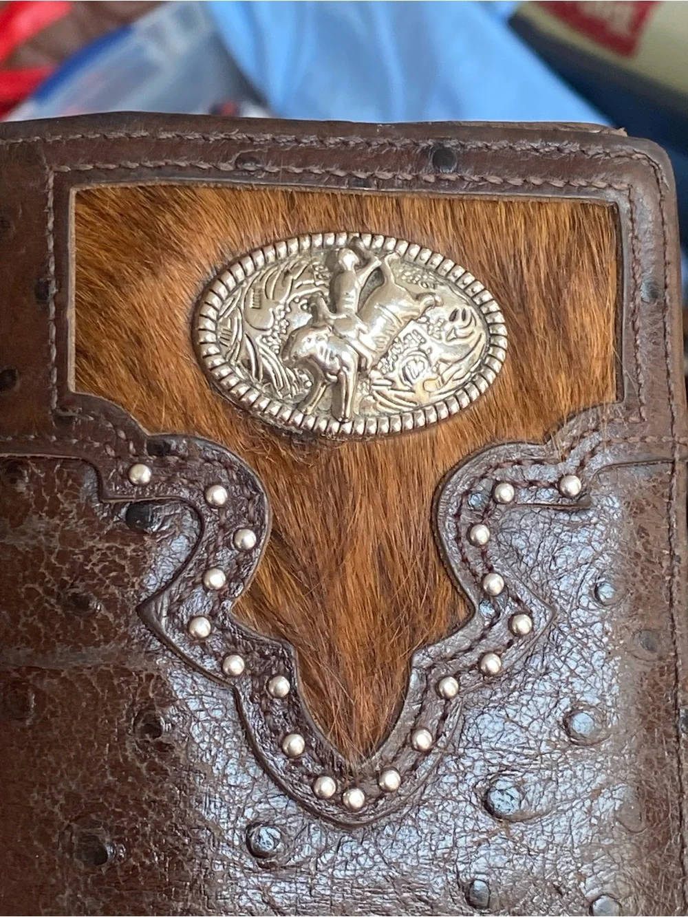TOP NOTCH HORSE HAIR MEN'S QUILL OSTRICH PRINT BROWN WALLET